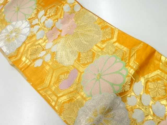 JAPANESE KIMONO / ANTIQUE FUKURO OBI / SILK / WOVEN KIKU & PAULOWNIA